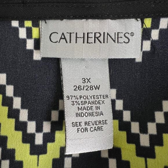 Catherines Womens Blouse 3X Black Green Chevron Print Button Front Long Sleeve - Picture 4 of 5